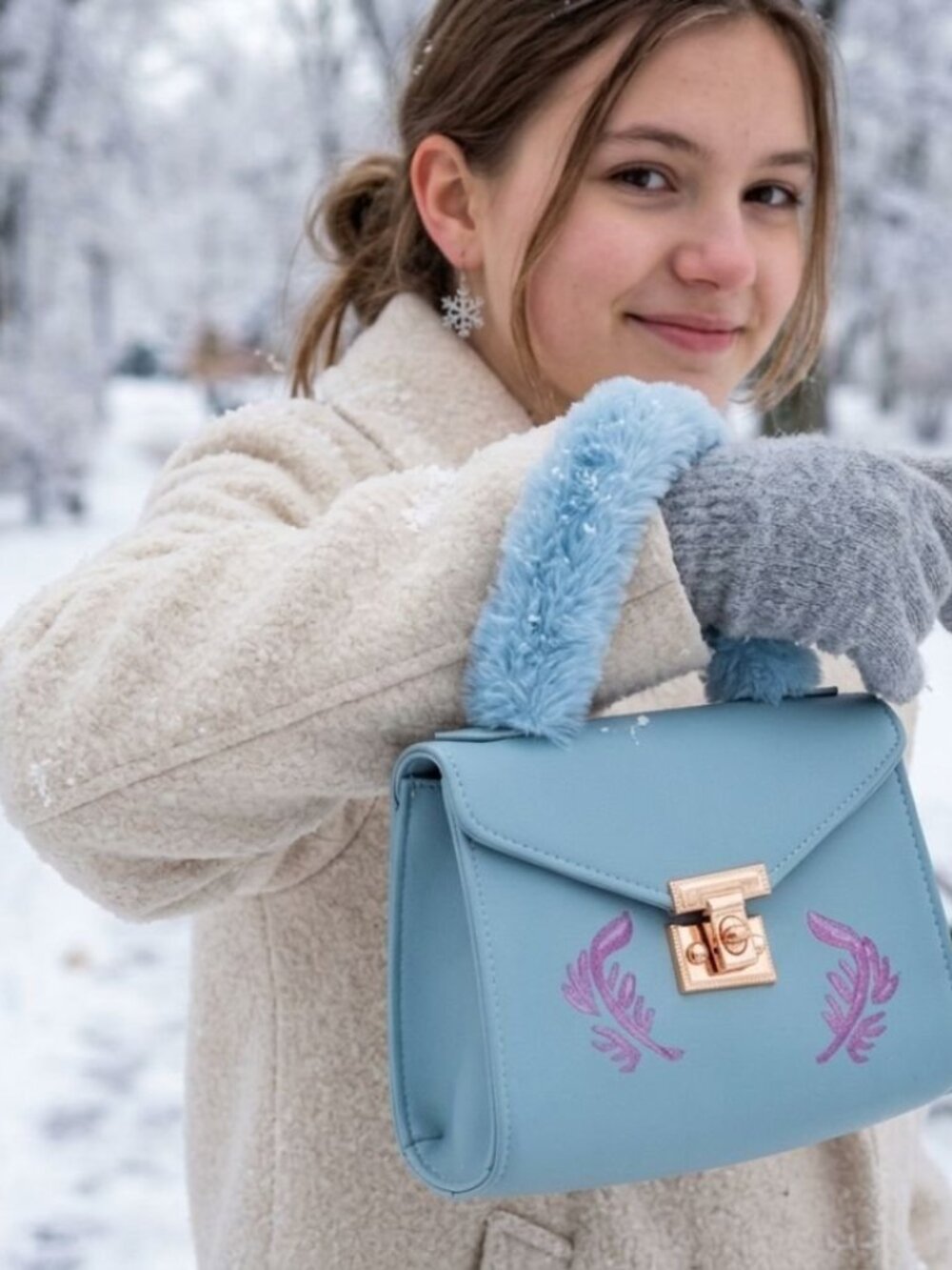 Blue Leather Hand Painted Feather Theme Handbag For Teens